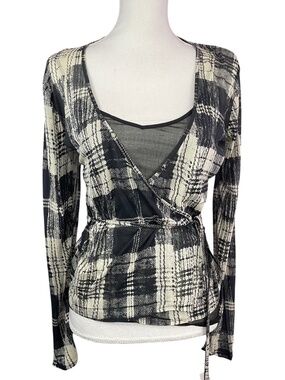DKNY Silk Wrap Top NEW M Plaid Black White Chiffon Inky Sheer V-Neck Layered